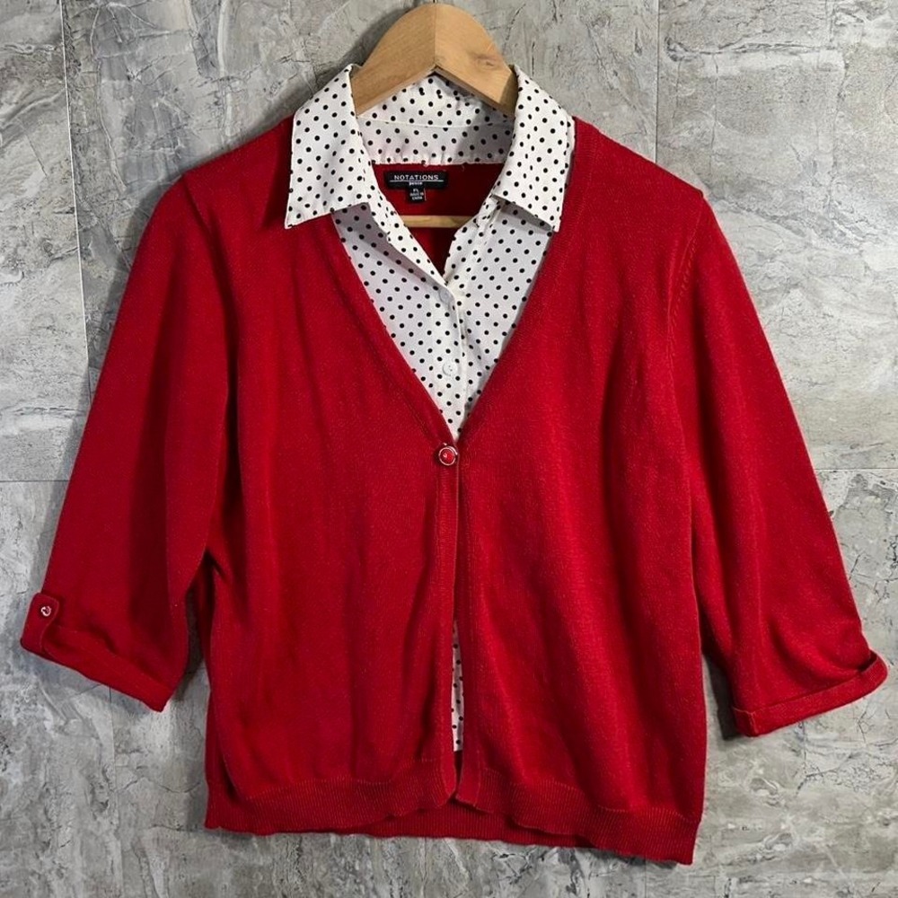 Notations Red cardigan with polka dot collar and button front. woman's Size:‎ PL